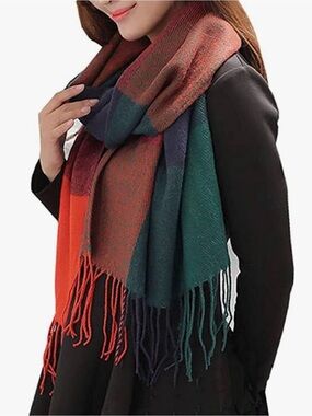 Cozy Multicolor Fringe Wrap Scarf - Teal, Navy & Orange